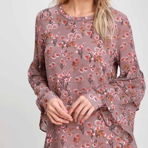 Day Date Mauve Floral Print Tiered Flounce Sleeve Mini Dress - Picture 3 of 12